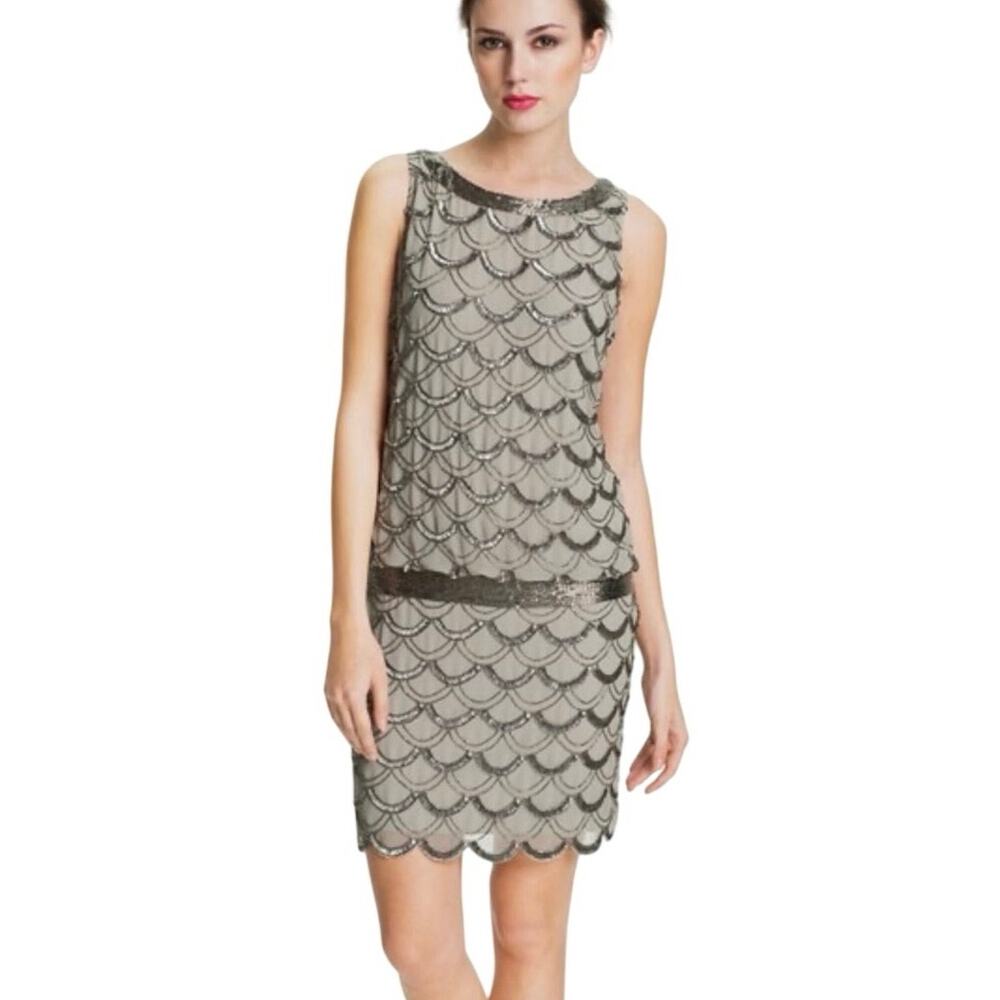 Adrianna Papell (4) Beaded Chiffon Shift Above Knee Dress Wedding Guest Gatsby